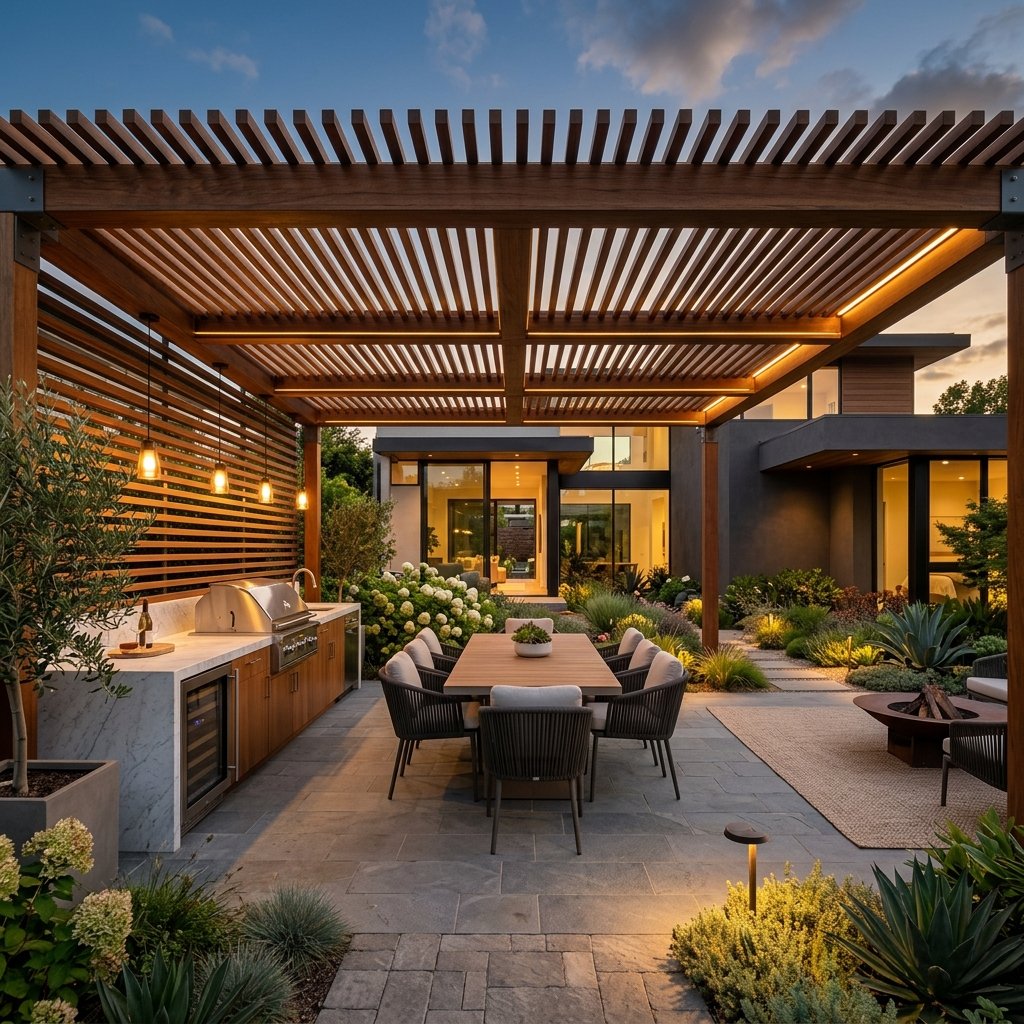 Outdoor pergola and kitchen layout